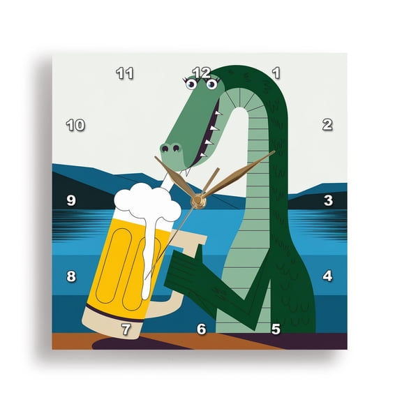 3dRose, Funny Cool Loch Ness Monster Drinking Beer Abstract Cubism, 15x15 Wall Clock