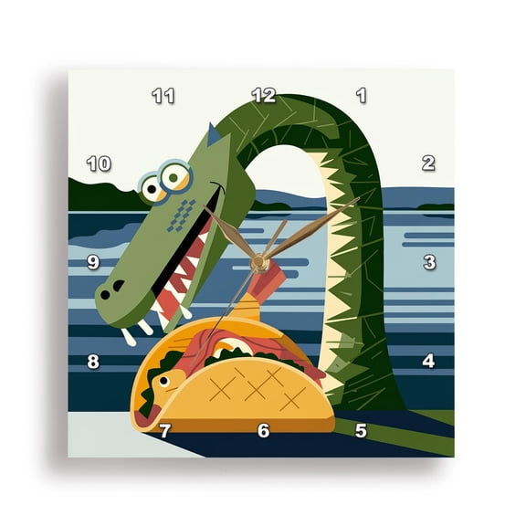 3dRose, Funny Cool Loch Ness Monster eating Fish Taco Abstract Cubism, 15x15 Wall Clock