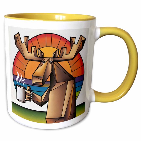 3drose, Funny Cool Moose Drinking Coffee with Retro Sunrise Abstract Nature, 11oz Two-tone Yellow Mug