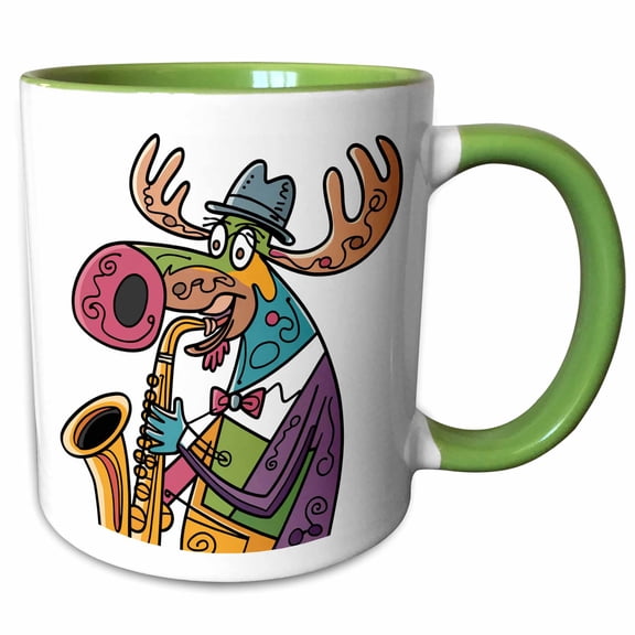 3drose, Funny Cool Moose Playing Saxophone Jazz Music Graffiti Abstract, 11oz Two-tone Green Mug