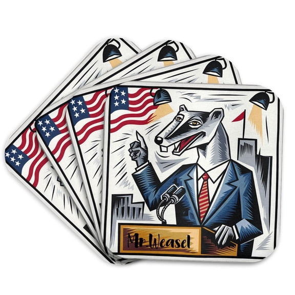 3drose, Funny Cool Mr Weasel Politician Behind Podium Weasel Words, Set of 4 Coasters - Soft