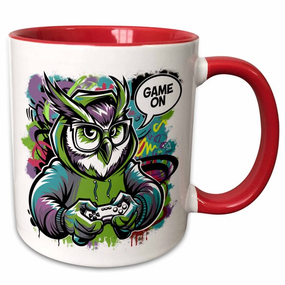 3drose, Funny Cool Owl Bird Gamer Playing Video Games Game on Graffiti, 11oz Two-tone Red Mug