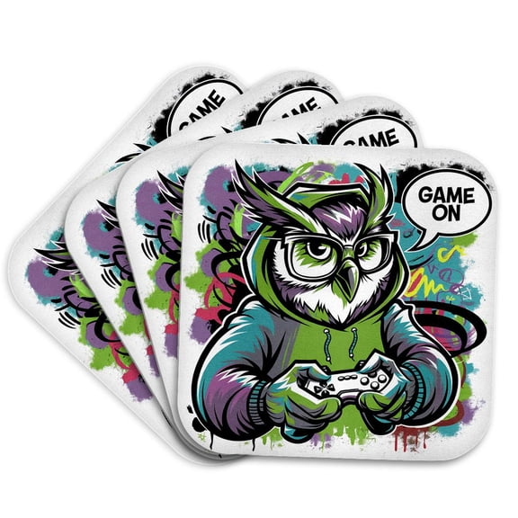 3drose, Funny Cool Owl Bird Gamer Playing Video Games Game on Graffiti, Set of 4 Coasters - Soft