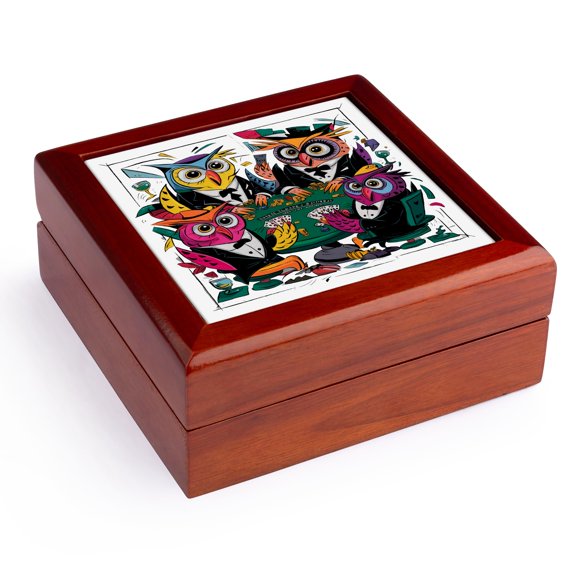 3dRose, Funny Cool Owls Playing Poker Card game Gambling Abstract, Jewelry Box 5.5x5.5 inch with 4 inch tile