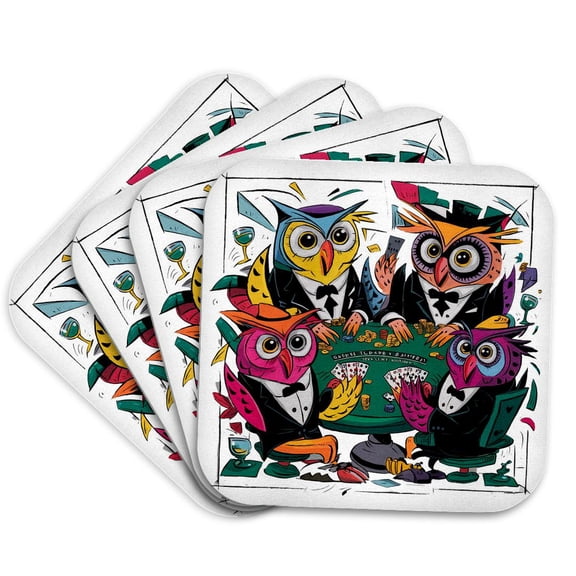 3drose, Funny Cool Owls Playing Poker Card Game Gambling Abstract, Set of 4 Coasters - Soft