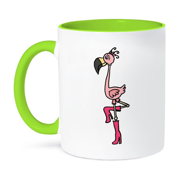 3dRose, Funny Cool Pink Flamingo with Pearls and high heeled boots Glamor, 11oz Two-Tone Green Mug