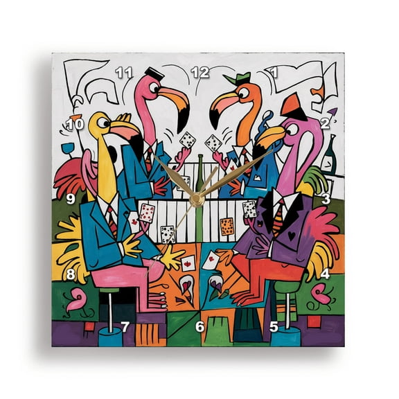 3dRose, Funny Cool Pink Flamingos Playing Poker Card game Gambling Abstract, 15x15 Wall Clock