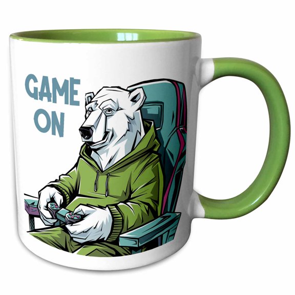 3drose, Funny Cool Polar Bear Gamer Playing Video Games Game on Graffiti, 11oz Two-tone Green Mug