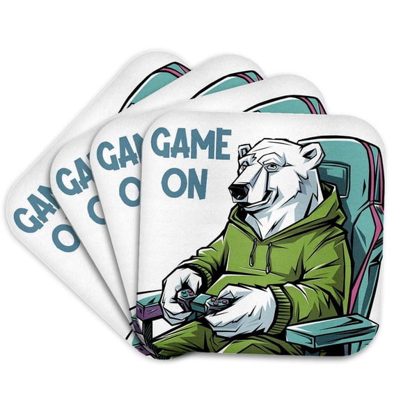 3drose, Funny Cool Polar Bear Gamer Playing Video Games Game on Graffiti, Set of 4 Coasters - Soft