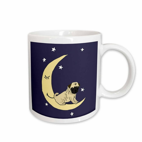 3drose, Funny Cool Pug Dog Sitting on Moon Cartoon, 11oz Mug