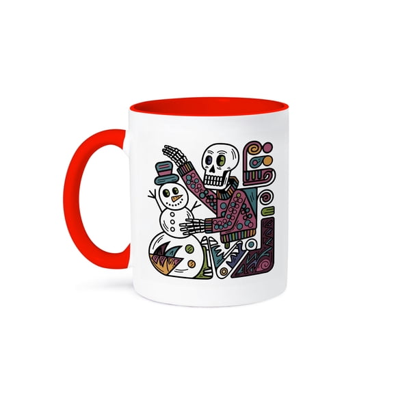 3dRose, Funny Cool Skeleton Building Snowman Snow Abstract Halloween, 15oz Two-Tone Red Mug