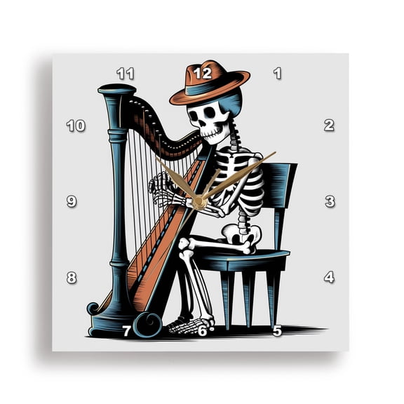3dRose, Funny Cool Skeleton Playing Harp Music Satire Abstract Goth, 15x15 Wall Clock