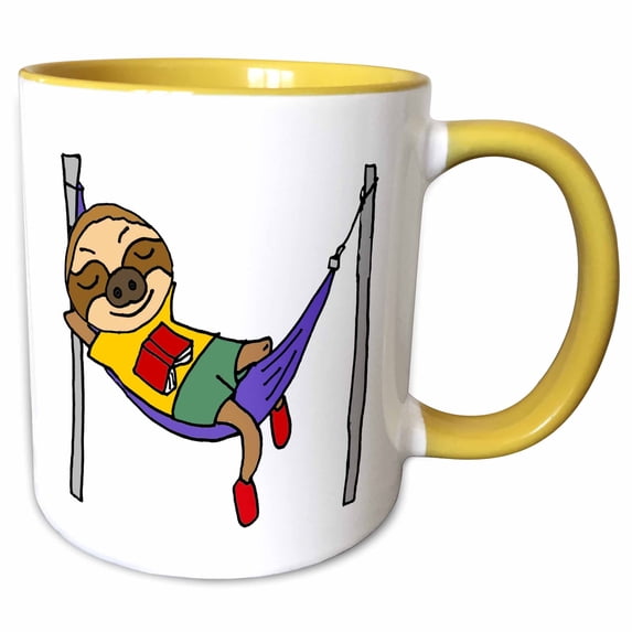 3drose, Funny Cool Sloth Sleeping in Hammock and Reading, 11oz Two-tone Yellow Mug