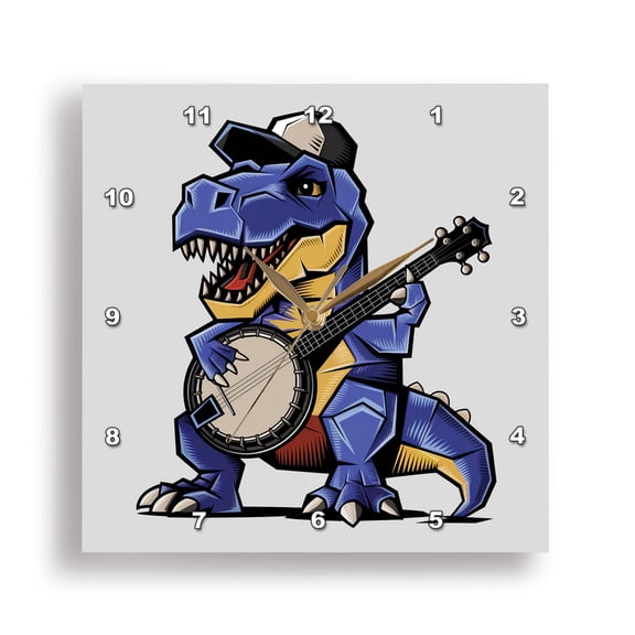3dRose, Funny Cool T-rex Dinosaur Playing Banjo Music Abstract Cubism Animals, 15x15 Wall Clock