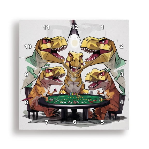 3dRose, Funny Cool T-rex Dinosaurs Playing Poker Card game Gambling Abstract, 15x15 Wall Clock