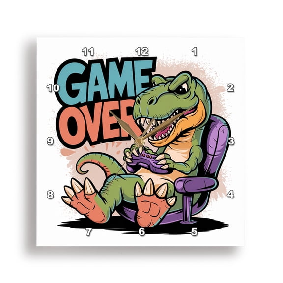 3dRose, Funny Cool T-rx Dinosaur Gamer Playing Video Games Game Over Graffiti , 15x15 Wall Clock