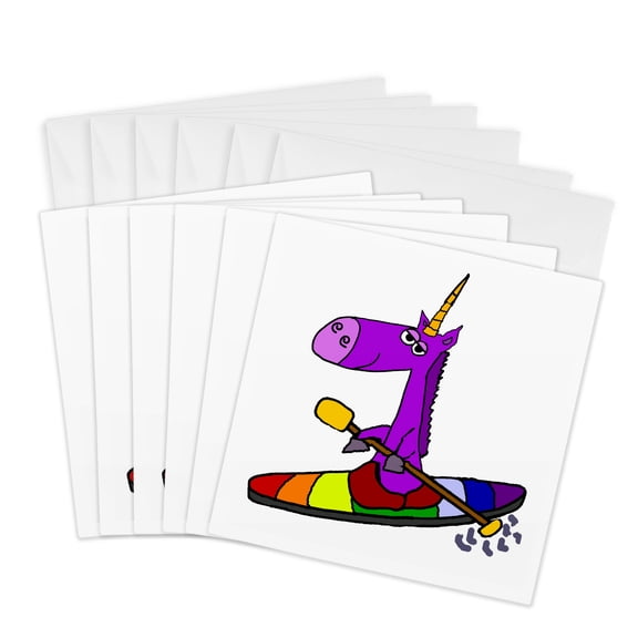 3drose, Funny Cool Unicorn Kayaking in Rainbow Kayak, 6 Greeting Cards with Envelopes