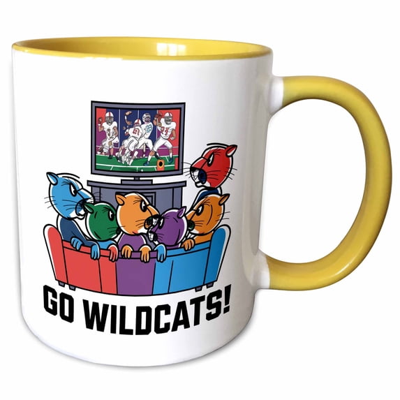 3drose, Funny Cool Wildcats Watching Football Game on Tv Sports Satire, 11oz Two-tone Yellow Mug