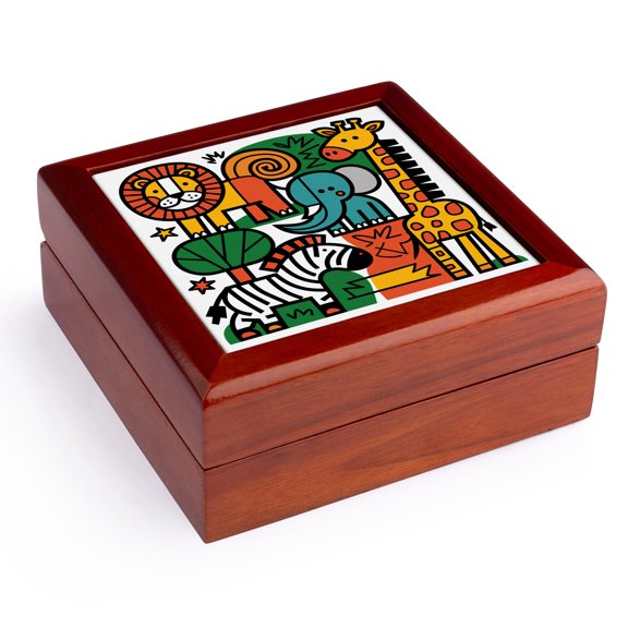 3dRose, Funny Cool Zebra, Lion, Giraffe, Elephant Jungle Animal Abstract , Jewelry Box 5.5x5.5 inch with 4 inch tile