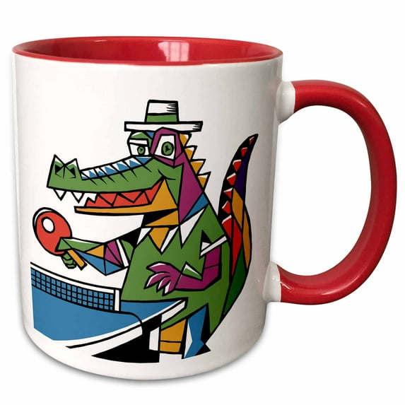 3drose, Funny Cute Alligator Playing Table Tennis or Ping Pong Sports Abstract, 15oz Two-tone Red Mug
