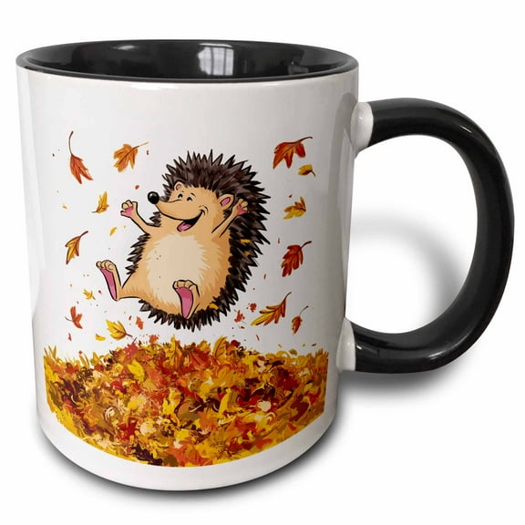 3drose, Funny Cute Baby Hedgehog Jumping in Autumn Leaves Abstract, 11oz Two-tone Black Mug