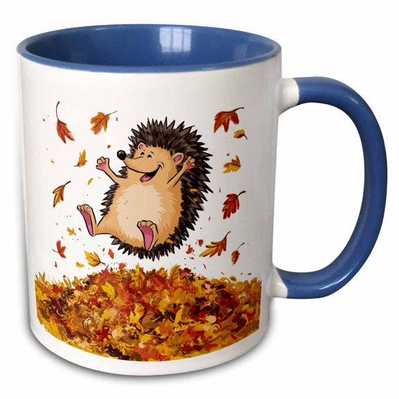 3drose, Funny Cute Baby Hedgehog Jumping in Autumn Leaves Abstract, 15oz Two-tone Blue Mug