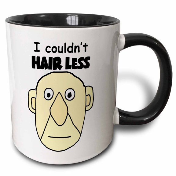 3drose, Funny Cute Bald Man Saying I Couldnt Hair Less Pun Cartoon, 11oz Two-tone Black Mug