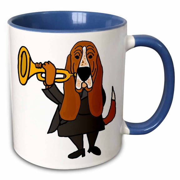 3drose, Funny Cute Basset Hound Dog Playing Trumpet Cartoon, 11oz Two-tone Blue Mug