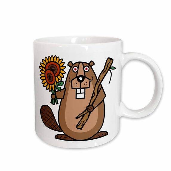 3drose, Funny Cute Beaver Holding Sunflowers Nature Animals Cubism Abstract, 11oz Mug