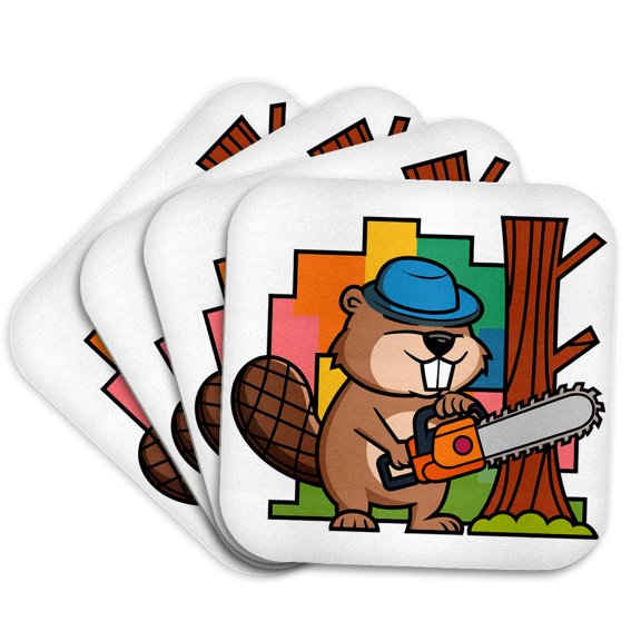 3drose, Funny Cute Beaver Using Chainsaw to Cut down Tree Cutting Satire, Set of 4 Coasters - Soft