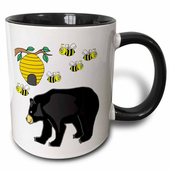 3drose, Funny Cute Black Bear and Honey Bee Hive Cartoon, 11oz Two-tone Black Mug
