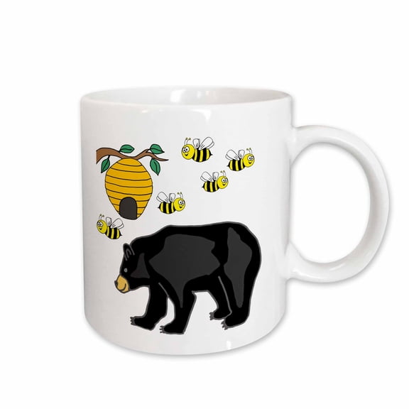 3drose, Funny Cute Black Bear and Honey Bee Hive Cartoon, 15oz Mug