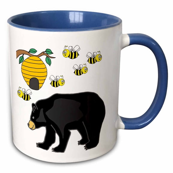 3drose, Funny Cute Black Bear and Honey Bee Hive Cartoon, 15oz Two-tone Blue Mug
