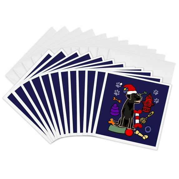 3drose, Funny Cute Black Lab Puppy Dog and Dog Toys Christmas Cartoon, 12 Greeting Cards with Envelopes