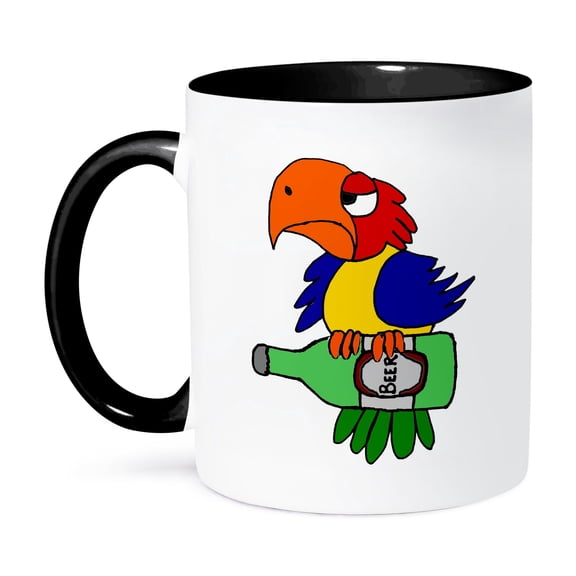 3dRose, Funny Cute Bold Parrot Bird Drinking Beer Cartoon, 11oz Two-Tone Black Mug