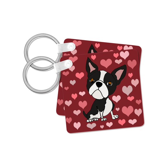 3dRose, Funny Cute Boston Terrier Dog and Heart Love Pattern Abstract, set of 2 Key Chains