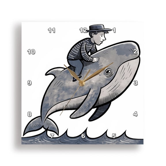 3dRose, Funny Cute Boy Riding Blue Whale Beach Vintage Abstract, 10x10 Wall Clock
