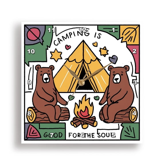 3dRose, Funny Cute Brown Bears Camping and Hiking Nature Cartoon, 15x15 Wall Clock