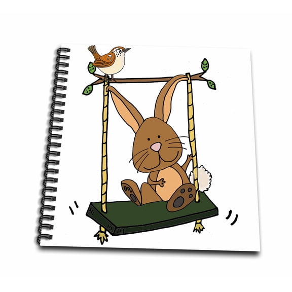3dRose, Funny Cute Brown Bunny Rabbit and Wren Bird on Swing, Mini Notepad 4 x 4 inch