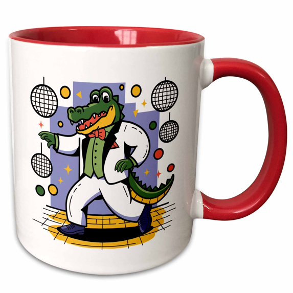 3drose, Funny Cute Colorful Alligator Disco Dancing Abstract Retro Satire, 15oz Two-tone Red Mug
