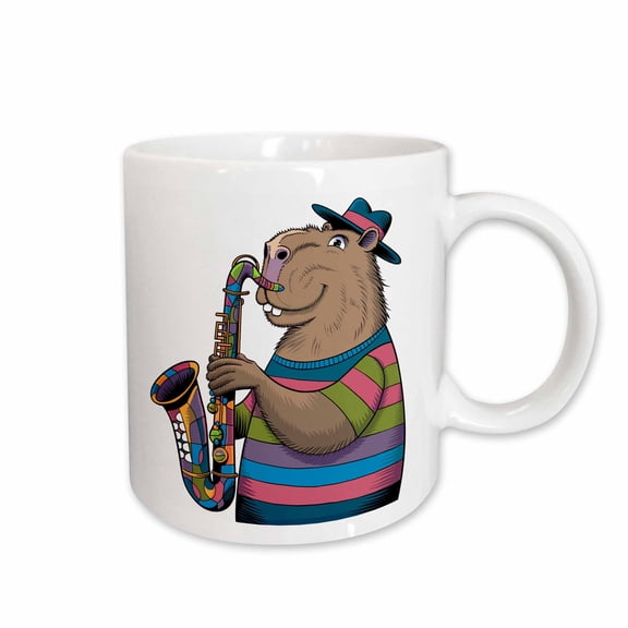 3drose, Funny Cute Colorful Capybara Playing Saxophone Jazz Music, 11oz Mug