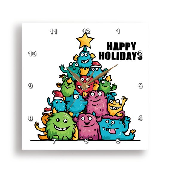 3dRose, Funny Cute Colorful Monsters Happy Holidays Christmas Tree Abstract, 15x15 Wall Clock