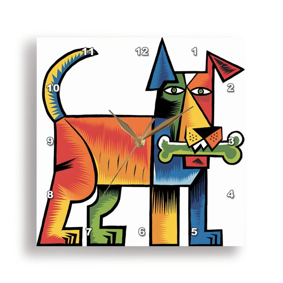 3dRose, Funny Cute Colorful Rescue Dog eating Dog Bone Cubism Abstract , 15x15 Wall Clock