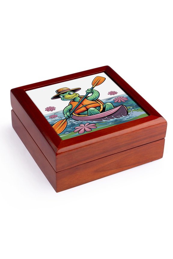 , Funny Cute Colorful Sea Turtle Kayaking in Kayak Nature Abstract , Jewelry Box 5.5x5.5 inch with 4 inch tile