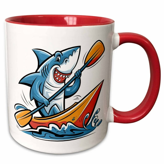 3drose, Funny Cute Colorful Shark Kayaking in Kayak Nature Abstract, 15oz Two-tone Red Mug