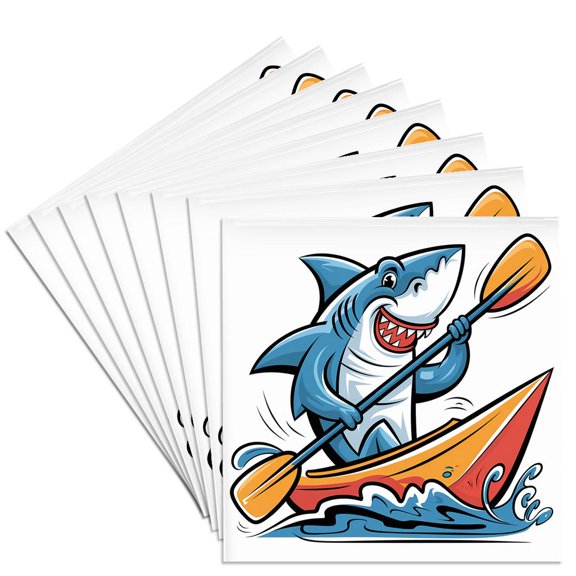 3drose, Funny Cute Colorful Shark Kayaking in Kayak Nature Abstract, Set of 8 Ceramic Tile Coasters