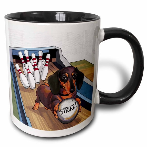 3drose, Funny Cute Cool Abstract Dachshund Puppy Dog Bowling Sports, 11oz Two-tone Black Mug