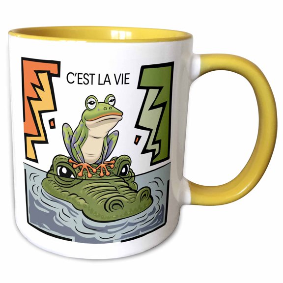 3drose, Funny Cute Cool Abstract Frog on Alligator Nose Cest La Vie, 11oz Two-tone Yellow Mug
