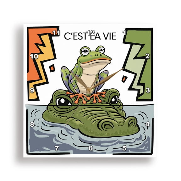 3dRose, Funny Cute Cool Abstract Frog on Alligator Nose Cest La Vie, 15x15 Wall Clock