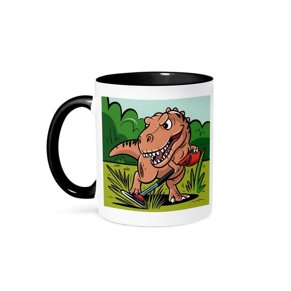 3dRose, Funny Cute Cool Abstract T-rex Dinosaur using Weed Eater Satire, 11oz Two-Tone Black Mug